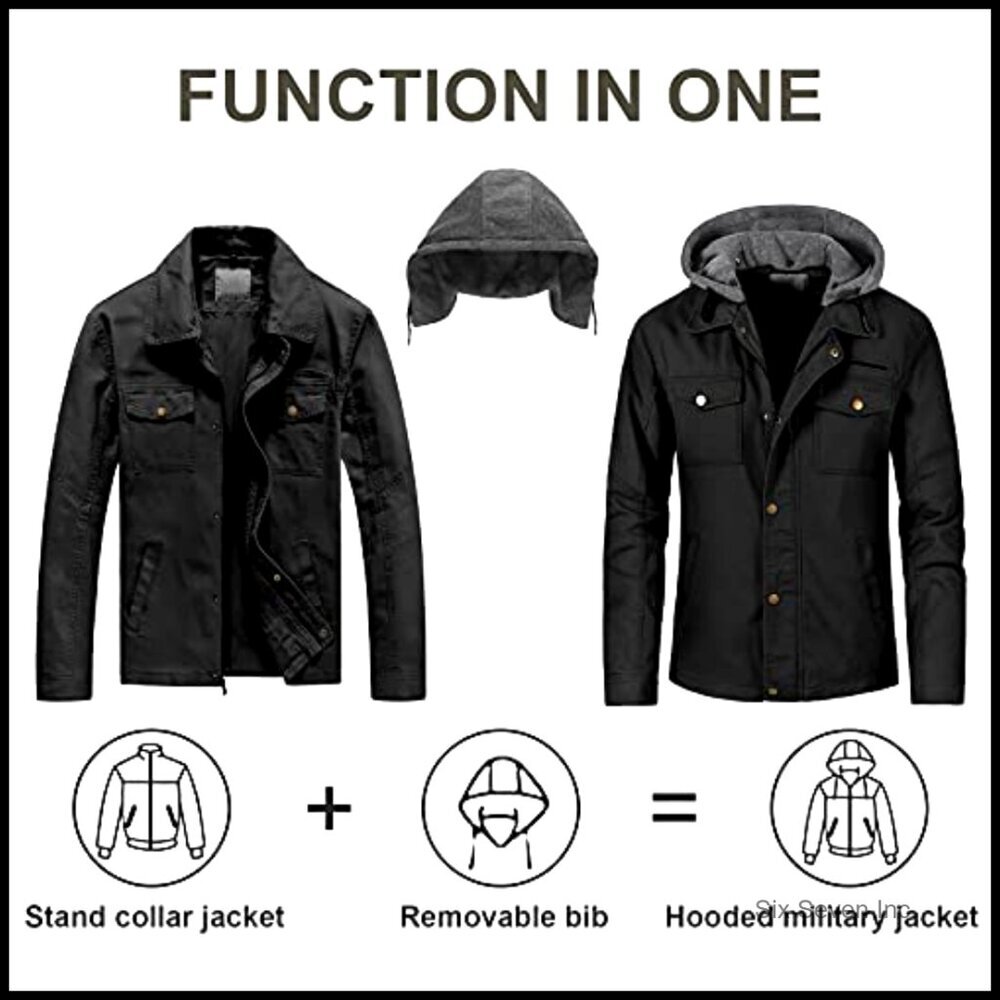 Canvas Military Field Jacket Casual Outerwear Removable Hood Utility Style - Picture 2 of 7